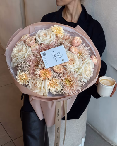 Букет з троянд Royal Blush, хризантем Avignon, троянд White O`Hara та гвоздик Pich Tea